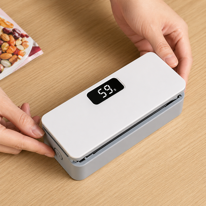 Portable smart heat sealer (2-in-1 Bag sealer & cutter) with LED display. Rechargeable 1600 built in battery.