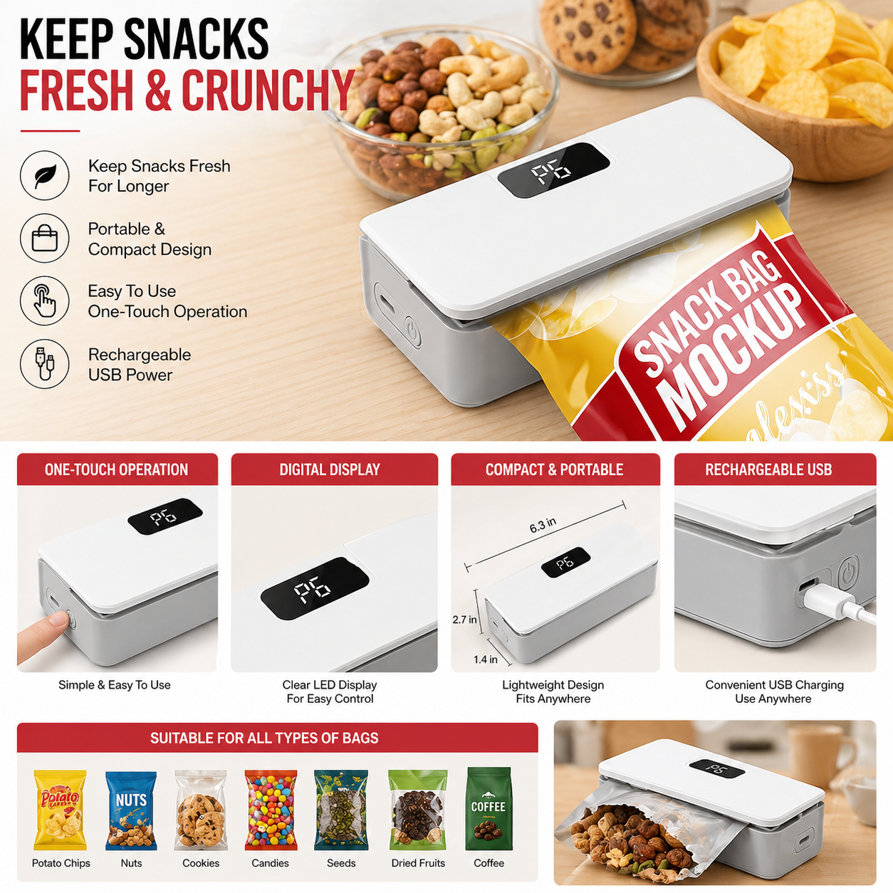 Portable smart heat sealer (2-in-1 Bag sealer & cutter) with LED display. Rechargeable 1600 built in battery.