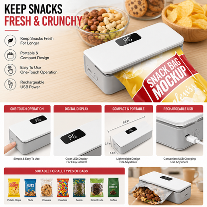Portable smart heat sealer (2-in-1 Bag sealer & cutter) with LED display. Rechargeable 1600 built in battery.