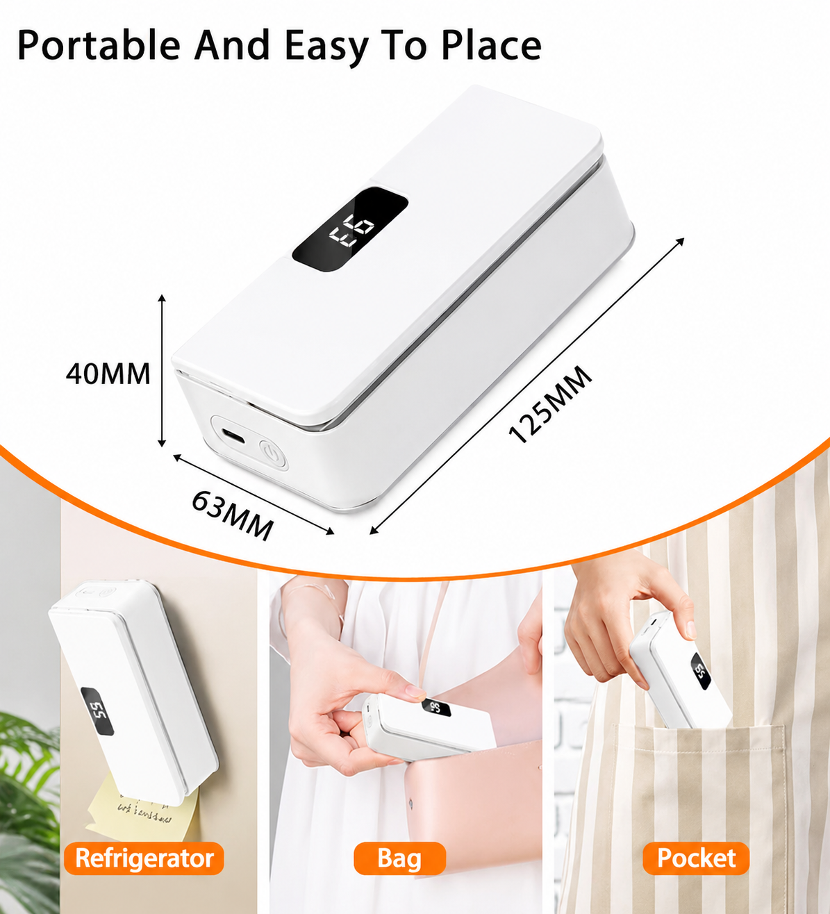 Portable smart heat sealer (2-in-1 Bag sealer & cutter) with LED display. Rechargeable 1600 built in battery.