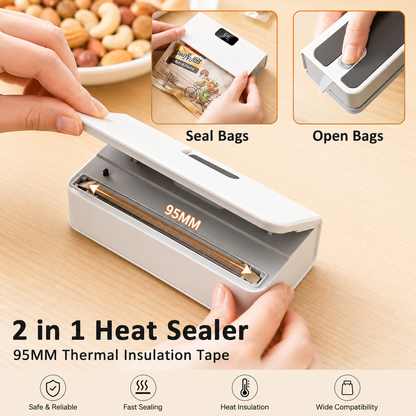 Portable smart heat sealer (2-in-1 Bag sealer & cutter) with LED display. Rechargeable 1600 built in battery.